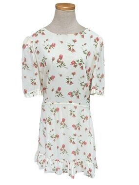 Reformation NWT White Floral Ruffle Mini Dress with Pink Roses Size 10